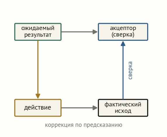 Схема функциональной системы Анохина: действие, ожидаемый результат-акцептор, сравнение фактического с ожидаемым, коррекция
