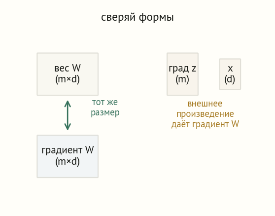 Схема: вес W размера m на d и его градиент того же размера m на d соединены двусторонней стрелкой тот же размер; рядом вектор градиента z длины m и вход x длины d, их внешнее произведение даёт градиент W