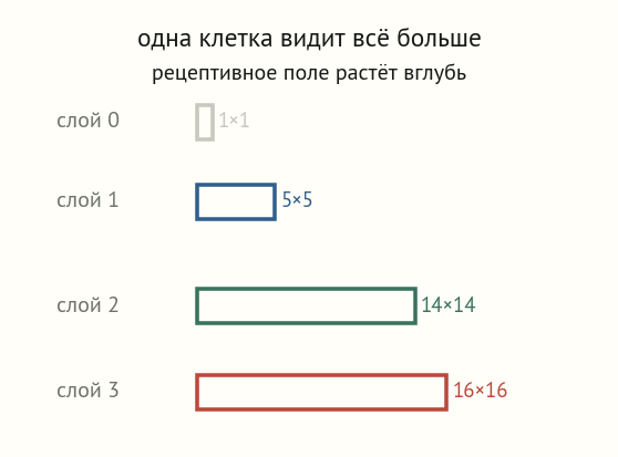 Четыре прямоугольника разного размера, подписанные по слоям: рецептивное поле растёт 1 на 1, 5 на 5, 14 на 14, 16 на 16