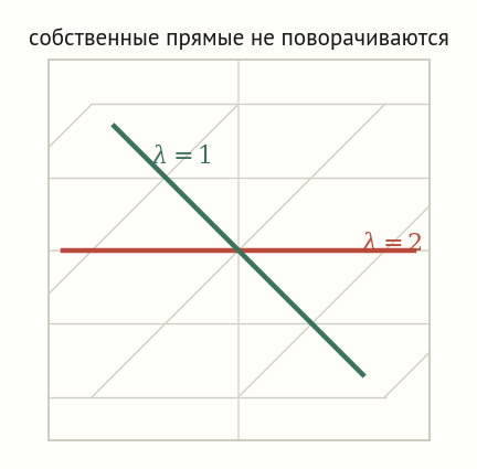 Косая сетка преобразования с двумя выделенными прямыми: горизонтальная с собственным значением 2 и наклонная с собственным значением 1; вдоль этих прямых векторы только растягиваются, не поворачиваясь