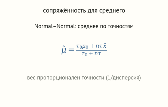 Формула апостериорного среднего нормали как взвешенного среднего prior-среднего и выборочного с весами, пропорциональными точностям