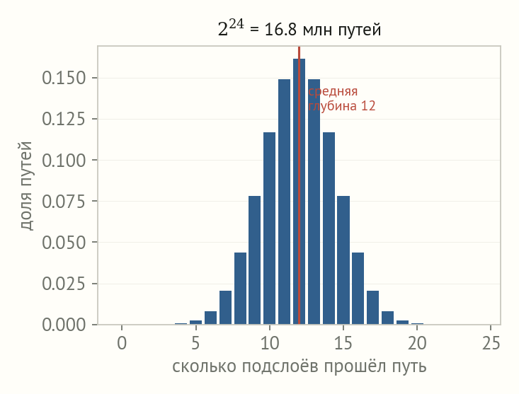 Гистограмма долей путей по числу пройденных подслоёв для 24 подслоёв: биномиальное распределение с центром на 12